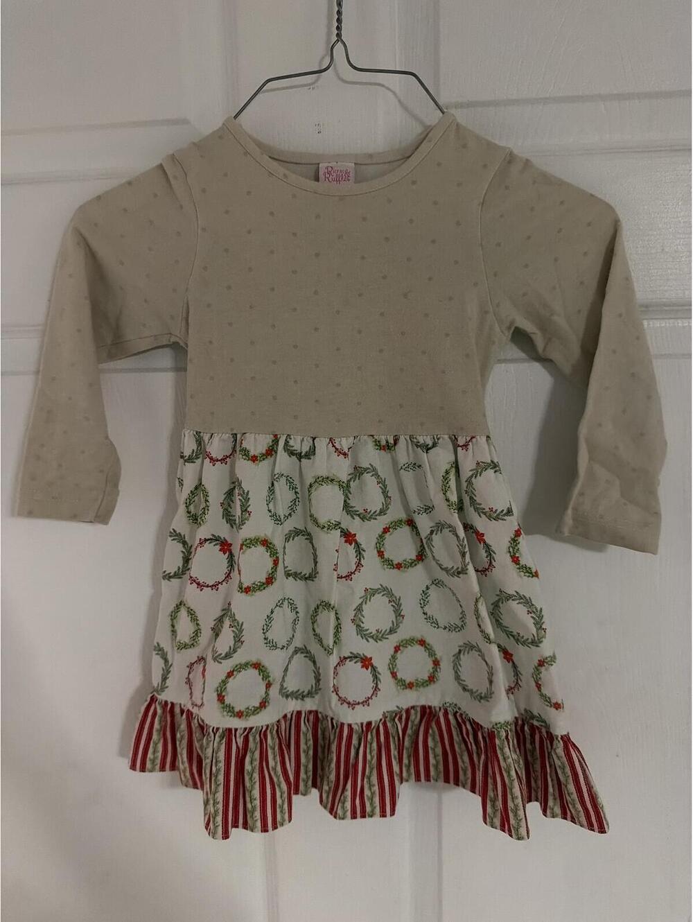 Ricrac & ruffles Long Sleeve Holiday Dress with Wreath and Stripe Ruffle